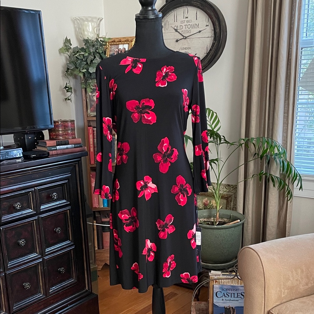 Tommy Hilfiger Black Long-Sleeve Dress with Red Floral Print